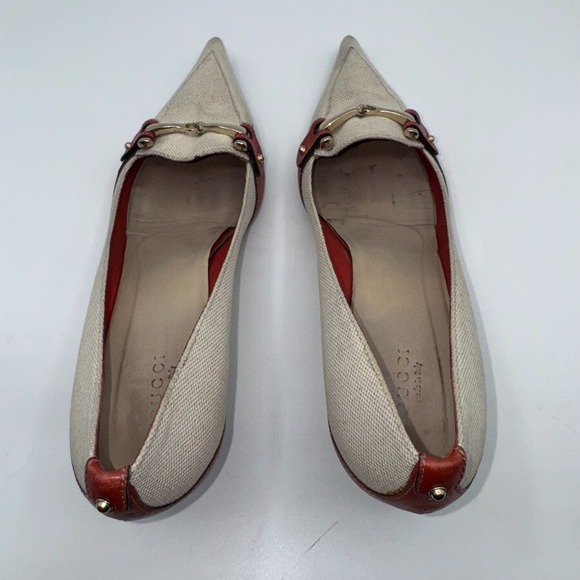 Gucci Womens Pumps US 8.5 B Gray Red Canvas Horsebit Pointed Toe Kitten Heel - Picture 8 of 13